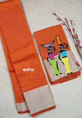 Orange - Fancy Cotton Saree with Village Folk Art Motif embroidery Blouse