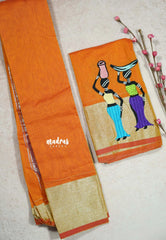 Orange - Fancy Cotton Saree with Village Folk Art Motif embroidery Blouse