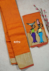 Orange - Fancy Cotton Saree with Village Folk Art Motif embroidery Blouse
