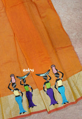 Orange - Fancy Cotton Saree with Village Folk Art Motif embroidery Blouse
