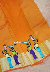 Orange - Fancy Cotton Saree with Village Folk Art Motif embroidery Blouse
