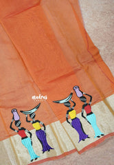 Orange - Fancy Cotton Saree with Village Folk Art Motif embroidery Blouse