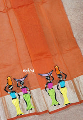Orange - Fancy Cotton Saree with Village Folk Art Motif embroidery Blouse