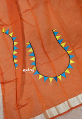 Orange - Fancy Cotton Saree with Village Folk Art Motif embroidery Blouse