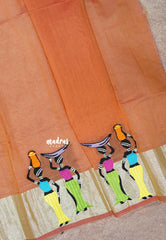 Orange - Fancy Cotton Saree with Village Folk Art Motif embroidery Blouse