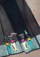 Midnight Blue - Fancy Cotton Saree with Village Folk Art Motif embroidery Blouse