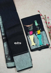 Midnight Blue - Fancy Cotton Saree with Village Folk Art Motif embroidery Blouse