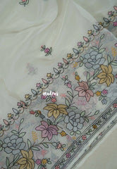 Ivory White - Fine Quality Organza Silk with Rice Embroidery Border - Best for Engagements / Haldi / Reception