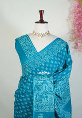 Teal Blue - Fine Quality Hand Blocked Pure Cotton Saree with Bagru Prints - Perfect for Regular Wear | Casual Wear | Summer Wear