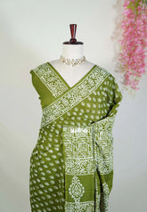 Dark Olive Green - Fine Quality Hand Blocked Pure Cotton Saree with Bagru Prints - Perfect for Regular Wear | Casual Wear | Summer Wear