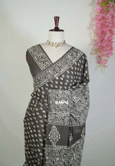 Dark Grey - Fine Quality Hand Blocked Pure Cotton Saree with Bagru Prints - Perfect for Regular Wear | Casual Wear | Summer Wear