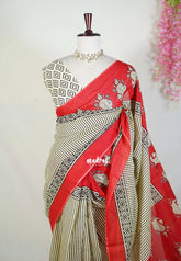 Creamy Butter - Fine Quality Pure Cotton Saree with Stripes Print and Contrast Pallu - Perfect for Regular Wear | Casual Wear | Summer Wear