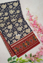 Indigo Blue-D2 - Fine Quality Pure Cotton Saree Kalamkari Body Patola Ikkat Border and Pallu - Perfect for Regular Wear | Casual Wear | Summer Wear