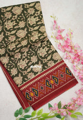 Olive Green-D2 - Fine Quality Pure Cotton Saree Kalamkari Body Patola Ikkat Border and Pallu - Perfect for Regular Wear | Casual Wear | Summer Wear