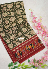 Olive Green-D2 - Fine Quality Pure Cotton Saree Kalamkari Body Patola Ikkat Border and Pallu - Perfect for Regular Wear | Casual Wear | Summer Wear