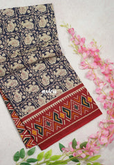 Indigo Blue - Fine Quality Pure Cotton Saree Kalamkari Body Patola Ikkat Border and Pallu - Perfect for Regular Wear | Casual Wear | Summer Wear