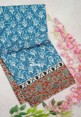Muted Teal Blue - Fine Quality Pure Cotton Saree with Baghru Prints in Body Kalamkari Border and Pallu - Perfect for Regular Wear | Casual Wear | Summer Wear