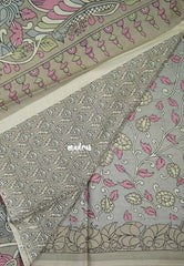 Pastel Grey - Fine Quality Pure Cotton Saree with Kalamkari Floral Design - Perfect for Regular Wear | Casual Wear | Summer Wear