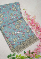 Pastel Blue - Fine Quality Pure Cotton Saree with Kalamkari Floral Design - Perfect for Regular Wear | Casual Wear | Summer Wear