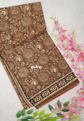 Muted Brown with Diamond Border - Fine Quality Pure Cotton Saree with Kalamkari Prints and Small Border - Perfect for Regular Wear | Casual Wear | Summer Wear