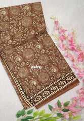 Muted Brown with Diamond Border - Fine Quality Pure Cotton Saree with Kalamkari Prints and Small Border - Perfect for Regular Wear | Casual Wear | Summer Wear