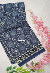 Indigo Blue with Diamond Border - Fine Quality Pure Cotton Saree with Kalamkari Prints and Small Border - Perfect for Regular Wear | Casual Wear | Summer Wear
