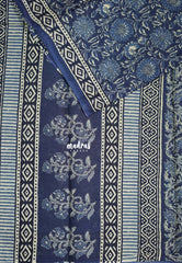 Indigo Blue with Diamond Border - Fine Quality Pure Cotton Saree with Kalamkari Prints and Small Border - Perfect for Regular Wear | Casual Wear | Summer Wear