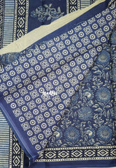 Indigo Blue with Diamond Border - Fine Quality Pure Cotton Saree with Kalamkari Prints and Small Border - Perfect for Regular Wear | Casual Wear | Summer Wear