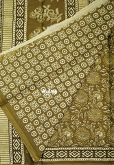 Olive Green with Diamond Border - Fine Quality Pure Cotton Saree with Kalamkari Prints and Small Border - Perfect for Regular Wear | Casual Wear | Summer Wear
