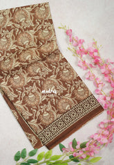Mild Brown - Fine Quality Pure Cotton Saree with Kalamkari Prints and Small Border - Perfect for Regular Wear | Casual Wear | Summer Wear