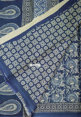 Indigo Blue - Fine Quality Pure Cotton Saree with Kalamkari Prints and Small Border - Perfect for Regular Wear | Casual Wear | Summer Wear
