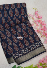 Indigo Blue D4 - Kalanjali Fine Quality Soft Chanderi Silk Bagru Prints Body Zari Border - Perfect for Regular Wear | Casual Wear | Summer Wear