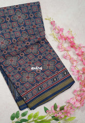 Indigo Blue D5 - Fine Quality Pure Cotton Saree Bagru Prints Body Thread Border - Perfect for Regular Wear | Casual Wear | Summer Wear