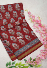 Reddish Maroon D3 - Fine Quality Pure Cotton Saree Bagru Prints Body Thread Border - Perfect for Regular Wear | Casual Wear | Summer Wear