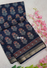 Indigo Blue D3 - Kalanjali Fine Quality Soft Chanderi Silk Bagru Prints Body Zari Border - Perfect for Regular Wear | Casual Wear | Summer Wear