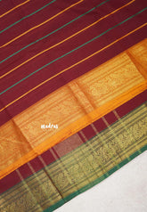 Majestic Maroon - Fusion Chettinad Cotton Horizontal lines with Ganga Jamuna Border and No Blouse - Best for Wedding Functions