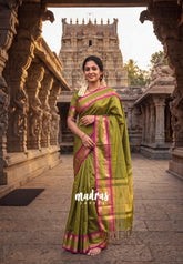 Mehndi Olive Green - Sico Gadwal Semi Silk Plain with Mango Border - Best for Wedding Functions