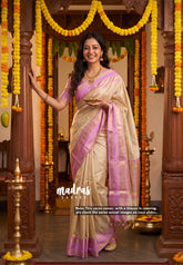Golden Ivory Cream - Kanimozhi - Premium Soft Tissue Silk Saree with Mango Border - Best for Wedding Functions / onam