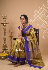 Golden Mustard Olive Green - Kanimozhi - Premium Soft Tissue Silk Saree with Rettapet Border - Best for Wedding Functions