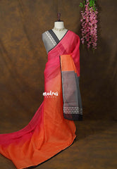 Orange And Pink Popsicle color with Lace - Linen Cotton Saree with Gradient Ombre tone Flower Embroidery with Stripes Pallu and Blouse - Perfect for Office Wear | Summer wear | Casual Wear