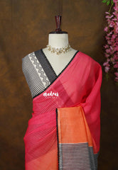 Orange And Pink Popsicle color with Lace - Linen Cotton Saree with Gradient Ombre tone Flower Embroidery with Stripes Pallu and Blouse - Perfect for Office Wear | Summer wear | Casual Wear