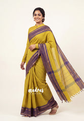 Greenish Yellow - Karthigai silk cotton rettapeta border with muthu kattam