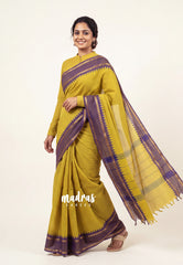 Greenish Yellow - Karthigai Mercerised cotton rettapeta border with muthu kattam