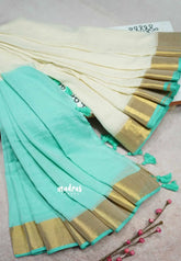 Half white with turquoise blue - Blush & Breeze – Reversible Kerala Mul Cotton Saree