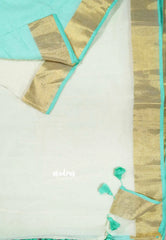 Half white with turquoise blue - Blush & Breeze – Reversible Kerala Mul Cotton Saree