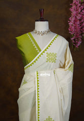 Ivory Beige with Green - Oviyam - Madras Margazhi Special Handblock kolam Printed Bamboo Cotton Double Blouse Combo