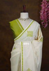 (PRE-BOOKING) Ivory Beige with Green - Oviyam - Madras Margazhi Special Handblock kolam Printed Bamboo Cotton Double Blouse Combo