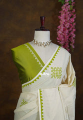 (PRE-BOOKING) Ivory Beige with Green - Oviyam - Madras Margazhi Special Handblock kolam Printed Bamboo Cotton Double Blouse Combo