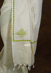 (PRE-BOOKING) Ivory Beige with Green - Oviyam - Madras Margazhi Special Handblock kolam Printed Bamboo Cotton Double Blouse Combo