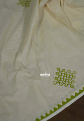 (PRE-BOOKING) Ivory Beige with Green - Oviyam - Madras Margazhi Special Handblock kolam Printed Bamboo Cotton Double Blouse Combo